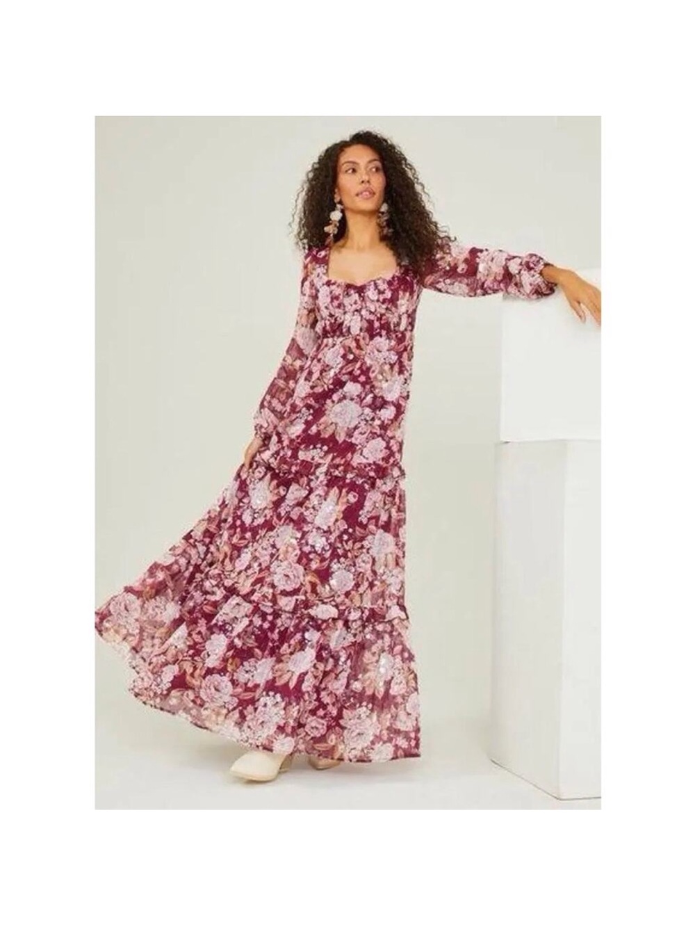 Altar’d State Womens‎ Burgundy Sequin Floral Maxi Dress Open Back Size Small